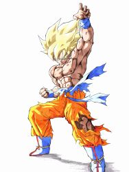  1boy abs blonde_hair blue_footwear boots dragon_ball dragon_ball_z fighting_stance full_body green_eyes highres male_focus medium_hair muscular muscular_male orange_pants pants pato007711 simple_background solo son_goku spiky_hair super_saiyan super_saiyan_1 torn_clothes torn_pants white_background 