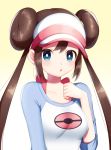  1girl bangs blue_eyes blush bow breasts brown_hair collarbone commentary_request double_bun hand_up highres hoshino_hikari long_hair looking_at_viewer open_mouth pink_bow pokemon pokemon_(game) pokemon_bw2 raglan_sleeves rosa_(pokemon) shirt sidelocks sleeves_past_elbows solo tongue twintails upper_body visor_cap 
