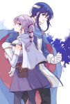  1boy 1girl blue_eyes blue_hair cape capelet elbow_gloves fire_emblem fire_emblem:_genealogy_of_the_holy_war gloves headband holding_arm kitano_373 long_hair looking_at_viewer red_eyes seliph_(fire_emblem) smile thigh-highs tine_(fire_emblem) twintails 