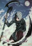  1boy black_hair blue_sky closed_mouth clouds cloudy_sky death_(entity) eyepatch grim_reaper highres holding holding_scythe holding_weapon hoshizaki_reita jpeg_artifacts male_focus moon multicolored multicolored_hair one_knee original outdoors scythe shinigami signature sky smile solo traditional_media weapon white_hair 