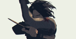  0109_(artist) 1boy animification black_eyes black_hair captain_america:_the_winter_soldier captain_america_(series) commentary dagger holding holding_dagger holding_knife holding_weapon james_buchanan_barnes knife long_sleeves looking_at_viewer male_focus marvel marvel_cinematic_universe mechanical_arms serious short_hair simple_background single_mechanical_arm single_sleeve solo star_(symbol) upper_body weapon white_background winter_soldier 