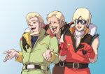  3boys beard blex_forer blonde_hair char_aznable facial_hair gloves gradient gradient_background gundam henken_bekkener laughing male_focus multiple_boys mustache open_hands open_mouth quattro_vageena red_gloves sunglasses teikoku_jokyoku zeta_gundam 