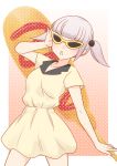  1girl :&lt; absurdres adjusting_eyewear bangs blunt_bangs border breasts casual commentary corn_dog dress food food_background futaki_shiki gradient gradient_background grey_hair hair_bobbles hair_ornament highres hikaru_(ofuton_at5) ketchup open_mouth outside_border short_hair small_breasts solo standing sunglasses two_side_up watashi_ga_motenai_no_wa_dou_kangaetemo_omaera_ga_warui! white_border yellow_dress 