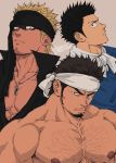  3boys bara body_hair chest chest_hair chun_(luxtan) facial_hair headband highres jewelry looking_at_viewer male_focus manly multiple_boys muscle necklace nipples original pectorals serious shirtless short_hair sideburns simple_background spiky_hair stubble upper_body 
