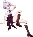  1girl ahoge artist_request bow collared_shirt diamond_(shape) full_body garters hair_between_eyes hand_in_hair heterochromia holding holding_hair honkai_(series) honkai_impact_3rd looking_at_viewer multicolored_hair neck_ribbon official_art pink_hair pocket_watch purple_hair ribbon sharp_teeth shirt sin_mal sitting sleeve_cuffs sleeves_past_elbows smile smug source_request striped striped_shirt teeth tomboy tongue tongue_out two-tone_hair violet_eyes watch yellow_eyes 