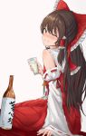  1girl alcohol arm_support ascot bare_shoulders blush bow brown_eyes brown_hair detached_sleeves frilled_bow frills from_side glass grin hair_bow hair_tubes hakurei_reimu half_updo highres koujouchou long_hair long_skirt looking_at_viewer one_eye_closed red_skirt ribbon-trimmed_sleeves ribbon_trim sake shirt simple_background sitting skirt skirt_set sleeveless sleeveless_shirt smile solo touhou white_background wide_sleeves wooden_floor 