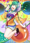  1girl ahoge commentary full_body green_eyes green_hair green_nails gumi highres jacket looking_at_viewer nail_polish open_mouth orange_jacket ponta_(poqpon) rainbow short_hair short_shorts shorts smile solo speaker strapless tubetop vocaloid 