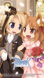  1boy 1girl animal_ear_fluff animal_ears ascot bell bicorne black_coat black_hat black_pants blonde_hair blue_eyes bouquet breasts bride brown_eyes brown_hair buttons church coat copyright_notice cowboy_shot dress fang flower fox_ears fox_girl gloves gold_trim grey_shirt groom hair_bell hair_ornament hair_ribbon hat hetero highres holding holding_bouquet husband_and_wife indoors jingle_bell locked_arms logo long_hair looking_at_another looking_to_the_side official_art official_wallpaper open_mouth pants petals pew pink_dress pink_gloves ragnarok_online red_flower red_ribbon red_rose ribbon rose shirt short_hair small_breasts smile stained_glass strapless strapless_dress unworn_gloves wedding wedding_dress white_ascot white_gloves yuichirou 
