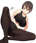  1girl arm_at_side artist_name bangs bare_shoulders black_legwear black_shirt black_sports_bra black_tank_top blush breasts brown_eyes brown_hair closed_mouth collarbone commentary_request eyebrows_visible_through_hair hair_between_eyes highres knee_up large_breasts looking_at_viewer navel original pantyhose samegami shiny_legwear shirt short_hair short_shorts shorts signature simple_background sitting smile solo sports_bra stomach tank_top white_background 