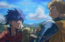  2boys blue_eyes boyd_(fire_emblem) brown_hair commentary_request father_and_son fire_emblem fire_emblem:_path_of_radiance green_headband greil hand_on_another&#039;s_shoulder headband highres ike_(fire_emblem) kometubu0712 male_focus mature_male mist_(fire_emblem) multiple_boys outdoors rolf_(fire_emblem) scar scar_on_face scar_on_forehead sky upper_body 