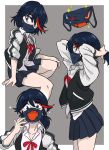  1girl alternate_costume alternate_hairstyle bangs black_hair black_jacket black_skirt blue_eyes border centinel303 collarbone collared_shirt commentary eyebrows_visible_through_hair fang from_side grey_background hand_up hands_up invisible_chair jacket kill_la_kill looking_at_viewer mask matoi_ryuuko miniskirt mouth_mask multicolored_hair multiple_views open_clothes open_jacket pleated_skirt ponytail red_ribbon redhead ribbon senketsu shirt short_hair sitting skin_fang skirt sweat two-tone_hair tying_hair white_border white_jacket white_shirt 