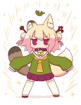  1girl animal_ears asymmetrical_ears bangs bell bell_collar blush brown_collar collar double_bun eyebrows_visible_through_hair fox_ears fox_girl fox_tail full_body green_shirt hair_between_eyes hair_ornament highres jingle_bell kemomimi-chan_(naga_u) leaf long_sleeves looking_at_viewer multiple_tails naga_u orange_neckwear original pleated_skirt purple_skirt raccoon_ears raccoon_girl raccoon_tail ribbon-trimmed_legwear ribbon_trim sailor_collar shadow shirt skirt sleeves_past_fingers sleeves_past_wrists solo sparkle standing tail thigh-highs two_tails v-shaped_eyebrows violet_eyes white_background white_legwear white_sailor_collar 