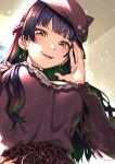  1girl aisu_reizou animal_print arm_up bangs beret black_hair blouse blunt_bangs braid breasts brown_eyes earrings eyebrows_visible_through_hair hat idolmaster idolmaster_shiny_colors jewelry large_breasts leopard_print long_hair long_sleeves looking_at_viewer mayuzumi_fuyuko open_mouth shirt_tucked_in skirt smile smirk solo upper_body 