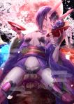  1girl alcohol bangs bare_shoulders blush bob_cut breasts cherry_blossoms collarbone cup eyeliner fate/grand_order fate_(series) food fruit fruit_bowl full_moon grapes headpiece horns ittokyu japanese_clothes kimono long_sleeves looking_at_viewer makeup moon night night_sky off_shoulder oni oni_horns open_mouth peach purple_hair purple_kimono red_moon revealing_clothes sakazuki sake short_hair shuten_douji_(fate/grand_order) skin-covered_horns sky small_breasts smile teeth thighs tongue tongue_out violet_eyes wide_sleeves 