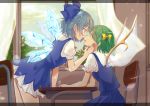  2girls absurdres arm_rest arm_up blue_dress blue_eyes blue_hair blue_skirt blue_vest blurry blurry_background bow chair chizoku_sawa cirno classroom clouds commentary_request cowboy_shot curtains daiyousei day desk dress eye_contact eyebrows_visible_through_hair fairy_wings from_side green_hair hair_bow hand_on_another&#039;s_face highres indoors leaning_forward looking_at_another multiple_girls one_side_up parted_lips pinafore_dress puffy_short_sleeves puffy_sleeves saliva saliva_trail school_desk shirt short_dress short_hair short_sleeves sitting skirt standing tongue tongue_out touhou vest white_shirt window wings yuri 