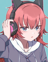  0313_(yunji7878) 1girl animal_ear_headphones animal_ears bang_dream! blue_background blue_eyes cardigan cat_ear_headphones commentary fake_animal_ears hand_on_headphones headphones highres hood hood_down hoodie long_hair long_sleeves looking_at_viewer open_mouth outline redhead solo tamade_chiyu upper_body white_outline 