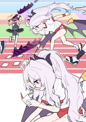  1other 2girls absurdres ahoge alternate_costume black_wings blue_archive buruma commentary demon_horns demon_wings feathered_wings gym_uniform hair_ornament hairclip halo highres hina_(blue_archive) horns je_o_mo koharu_(blue_archive) long_hair low_wings multiple_girls paper pink_hair pink_halo purple_halo red_buruma running_track scavenger_hunt shirt shoes sneakers sweat track_and_field twintails white_hair white_shirt wings 