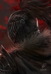  1boy armor ars_lycorys artist_name black_souls from_behind full_armor grimm_(black_souls) helmet highres pixiv_id red_background signature solo upper_body 