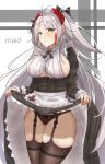  1girl :o antenna_hair azur_lane bangs black_panties blush bow breasts brown_eyes dress dress_lift eyebrows_visible_through_hair frills garter_straps hair_bow headgear highres iron_cross kinjinhzj large_breasts lifted_by_self long_hair long_sleeves looking_at_viewer maid maid_headdress multicolored_hair panties prinz_eugen_(azur_lane) redhead ribbon sideboob silver_hair skindentation smile solo streaked_hair thigh-highs thighs two_side_up underboob_cutout underwear very_long_hair 