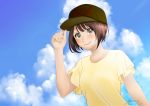  absurdres asagi_akira_(scared_rider_xechs) baseball_cap blue_sky brown_hair brown_headwear clouds dated day hand_up hat highres outdoors scared_rider_xechs shirt short_hair sky smile t-shirt tarulutao1030tr twitter_username upper_body yellow_shirt 
