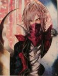  1boy barbed_wire black_gloves black_jacket blade blue_eyes covered_mouth glint gloves hoshizaki_reita jacket jewelry light_blue_eyes male_focus mask mouth_mask necklace open_clothes open_jacket original pink_hair solo traditional_media upper_body 