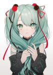  1girl :&lt; absurdres bangs bare_shoulders black_ribbon black_sweater blush closed_mouth detached_sleeves eyelashes green_eyes green_hair green_nails grey_background hair_bobbles hair_ornament hair_over_shoulder hair_ribbon hatsune_miku highres holding holding_hair long_hair nail_polish red_ribbon ribbon solo spinel_cranweiss sweater twintails upper_body vocaloid 