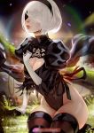  1girl black_blindfold black_hairband blindfold boots breasts cleavage_cutout covered_eyes falling_petals feather-trimmed_sleeves feather_trim flower hairband highleg highleg_leotard juliet_sleeves large_breasts leotard long_sleeves magion02 mole mole_under_mouth nier_(series) nier_automata puffy_sleeves silver_hair sitting thick_thighs thigh-highs thigh_boots thighhighs_under_boots thighs thong_leotard vambraces white_leotard yorha_no._2_type_b 