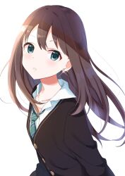  1girl brown_hair buchi_(y0u0ri_) cardigan dress_shirt earrings green_eyes highres idolmaster idolmaster_cinderella_girls jewelry light_rays long_hair looking_at_viewer necklace necktie school_uniform shibuya_rin shirt simple_background solo upper_body white_background white_shirt 