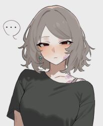  ... 1girl animal_ears bite_mark black_eyes black_shirt blank_eyes blush bra_strap breasts bruise closed_mouth commentary earrings english_commentary expressionless grey_hair highres injury jewelry large_breasts legendary_super_saiyan looking_at_viewer moony_(past_desiderium) off_shoulder original past_desiderium shirt simple_background solo speech_bubble spoken_ellipsis super_saiyan white_background 