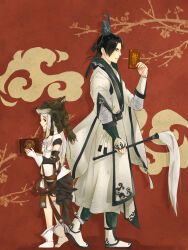 1boy 1girl absurdres character_request chinese_clothes chun_yang_(jian_wang_3) flower full_body fuzi hanfu highres jianxia_qingyuan_(series) jianxia_qingyuan_online_3 lin334434 orange_background plum_blossoms pointed_footwear walking white_hanfu wolf_hat xiao_guan_(headdress) 