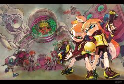 1boy 4girls agent_3_(splatoon) artist_name behind-the-head_headphones bike_shorts black_footwear black_jacket black_shorts blue_eyes carrying carrying_under_arm closed_mouth cokeshi commentary_request dj_octavio flooder flying full_body green_eyes headphones hero_shot_(splatoon_1) high-visibility_clothing high-visibility_vest holding holding_weapon inkling jacket legs_apart letterboxed long_hair long_sleeves multiple_girls octarian_(enemy) octoball octobomber octonozzle octopod octostomp octotrooper octowhirl orange_hair propeller_hat serious shorts splatoon_(series) splatoon_1 squidbeak_splatoon standing takozonesu tentacle_hair topknot twintails v-shaped_eyebrows very_long_hair weapon zapfish 
