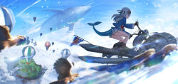  1girl absurdres advarcher aircraft bird blue_eyes blue_hoodie blue_sky blue_streaks boots clouds combat_boots falcon fins fish_tail flag floating_island flying_whale full_body gawr_gura gawr_gura_(1st_costume) gloves goggles goggles_on_head highres hololive hololive_english hood hood_down hoodie hot_air_balloon jet_ski long_hair looking_ahead motor_vehicle multicolored_hair no_pants riding shark_fin shark_girl shark_tail sky solo sparkle streaked_hair tail two_side_up virtual_youtuber watercraft whale white_hair wide_shot 