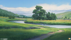  artist_logo blue_sky clouds day grass highres logo mangshuo nature no_humans original outdoors path river scenery sky tree 