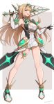  1girl blonde_hair breasts cleavage_cutout gem gloves gonzarez highres large_breasts long_hair miniskirt mythra_(xenoblade) one_eye_closed skirt sword weapon xenoblade_chronicles_(series) xenoblade_chronicles_2 yellow_eyes 