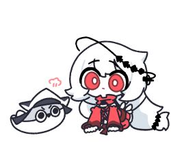  1girl absurdres amedrama arknights chibi closed_mouth commentary_request commission dress highres korean_commentary long_hair long_sleeves red_dress red_eyes sacabambaspis simple_background skadi_(arknights) skadi_the_corrupting_heart_(arknights) specter_(arknights) very_long_hair white_background white_hair 