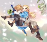  1boy 1girl bangs blonde_hair blue_eyes blush braid breasts carrying earrings gloves green_eyes jewelry lazoomaiga link long_hair nintendo open_mouth pointy_ears princess_carry princess_zelda smile the_legend_of_zelda the_legend_of_zelda:_breath_of_the_wild 
