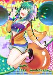  1girl ahoge anniversary character_name commentary full_body green_eyes green_hair green_nails gumi highres jacket looking_at_viewer nail_polish open_mouth orange_jacket ponta_(poqpon) rainbow short_hair short_shorts shorts smile solo speaker strapless tubetop vocaloid 