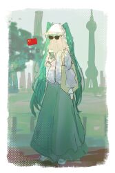  1girl absurdres aqua_hair aqua_skirt aqua_theme bag building china hat hatsune_miku highres long_hair long_skirt long_sleeves mouth_veil oriental_pearl_tower outdoors people&#039;s_republic_of_china_flag saitshakers shanghai skirt skyscraper solo sunglasses tote_bag twintails veil very_long_hair vocaloid worldwide_miku 