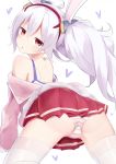  1girl animal_ears ass azur_lane bangs chestnut_mouth commentary_request expressionless eyebrows_visible_through_hair fake_animal_ears from_behind headband heart highres jacket jitome laffey_(azur_lane) lemonolemone light_purple_hair looking_at_viewer miniskirt off_shoulder panties partial_commentary pleated_skirt red_eyes red_skirt shoulder_blades sidelocks simple_background skirt solo striped striped_panties thigh-highs twintails underwear white_background white_legwear 