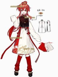  1girl a-junk bad_source black_footwear chinese_clothes chinese_text english_text full_body hanfu high_ponytail long_hair long_sleeves looking_at_viewer mamianqun ming_dynasty mixed-language_text open_mouth original paddy_print ponytail red_eyes redhead shirt shoes simple_background skirt sleeves_past_fingers sleeves_past_wrists smile socks solo white_background 