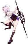  1girl artist_request black_footwear black_legwear collared_shirt diamond_(shape) full_body garters hair_between_eyes hair_ornament holding holding_spear holding_weapon honkai_(series) honkai_impact_3rd leg_up looking_to_the_side multicolored_hair neck_ribbon official_art pocket_watch polearm ribbon shirt short_hair sin_mal sleeves_rolled_up smile source_request spear striped striped_shirt tomboy two-tone_hair watch weapon 
