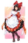  1girl apron bangs black_hair blush boots bow breasts brown_footwear commentary_request dress frilled_apron frills full_body green_eyes hair_bow highres large_breasts long_hair long_sleeves looking_at_viewer maid maid_apron matsuda_(matsukichi) original petticoat red_bow red_dress smile solo standing white_apron 