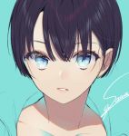  1girl blue_background blue_eyes looking_at_viewer original parted_lips portrait purple_hair shiny shiny_hair short_hair signature sogawa solo 
