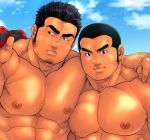  2boys abs bara black_hair chest chest_hair cropped_torso facial_hair goatee hand_on_shoulder looking_to_the_side male_focus manly masateruteru multiple_boys muscle nipples original pectoral_docking pectoral_press pectorals shirt_removed short_hair sideburns stubble thick_eyebrows 