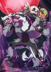  absurdres blush claws commentary_request galarian_form galarian_linoone galarian_zigzagoon gen_4_pokemon gen_7_pokemon gen_8_pokemon highres imitating moon no_humans obstagoon open_mouth pink_eyes pokemon pokemon_(creature) pokemon_on_back rowlet smile standing starter_pokemon taisa_(lovemokunae) tongue tongue_out turtwig wings 