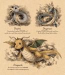  antennae black_eyes bobbles claws closed_mouth coil commentary_request dragonair dragonite dratini english_text gen_1_pokemon horns looking_at_viewer looking_to_the_side matsuri_(matsuike) no_humans pokemon pokemon_(creature) single_horn tail wings 