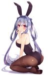  1girl animal_ears ass bangs bare_arms bare_shoulders beniko_(ymdbnk) black_leotard blue_hair blush breasts brown_legwear bunny_girl bunny_tail bunnysuit closed_mouth collar commentary_request detached_collar double_bun eyebrows_visible_through_hair full_body hair_between_eyes hair_intakes hand_up highres kneeling large_breasts leotard long_hair original pantyhose rabbit_ears shadow soles solo strapless strapless_leotard tail thighband_pantyhose twintails very_long_hair violet_eyes white_background white_collar wing_collar 
