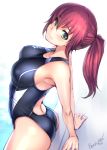  1girl arched_back ass backless_swimsuit bangs bare_arms blush bosshi breasts closed_mouth commentary_request eyebrows_visible_through_hair green_eyes hair_between_eyes highres long_hair looking_at_viewer medium_breasts one-piece_swimsuit original ponytail redhead sitting smile solo swimsuit 