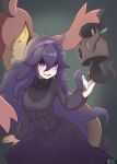  1girl ahoge bangs black_dress commentary_request dress gen_6_pokemon gourgeist hair_between_eyes hairband hand_up hex_maniac_(pokemon) highres long_hair long_sleeves looking_up nail_polish open_mouth phantump pink_nails pokemon pokemon_(creature) pokemon_(game) pokemon_xy purple_hair purple_hairband shiny shiny_hair smile spiral_eyes suitchi._(user_trcd4334) tongue turtleneck violet_eyes watermark 