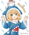  1girl bangs blonde_hair bloop_(gawr_gura) blue_hoodie blue_nails character_name claw_pose commentary cosplay drawstring eyebrows_visible_through_hair fish_bone gawr_gura gawr_gura_(cosplay) gochuumon_wa_usagi_desu_ka? green_eyes hands_up hololive hololive_english hood hood_up hoodie kirima_sharo long_hair long_sleeves looking_at_viewer miicha on_head open_mouth scar scar_across_eye shark_hood shark_print sharp_teeth simple_background sweat symbol_commentary teeth twitter_username virtual_youtuber white_background wide_sleeves wild_geese 